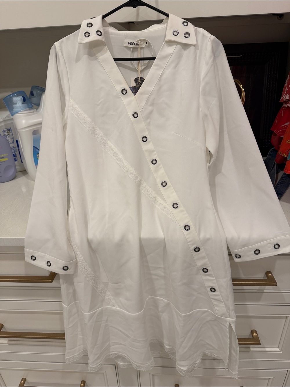 White V-Neck Button-Trim Women's Dress